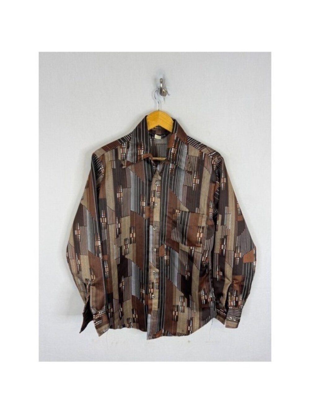 Vintage 70s Stage III Mens Brown Geometric Disco Shirt Dagger Collar 70s M 15